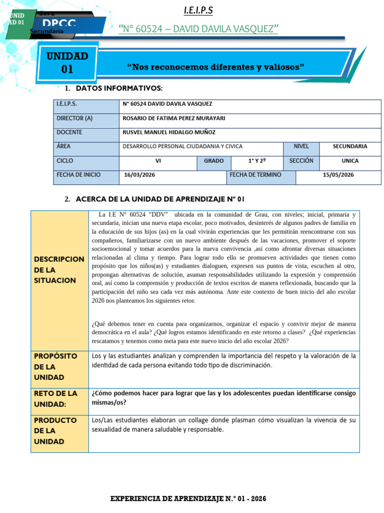 UNIDAD 1 (1° Y2° Grado) - DPCC | PDF | Aprendizaje | Autorregulación ...