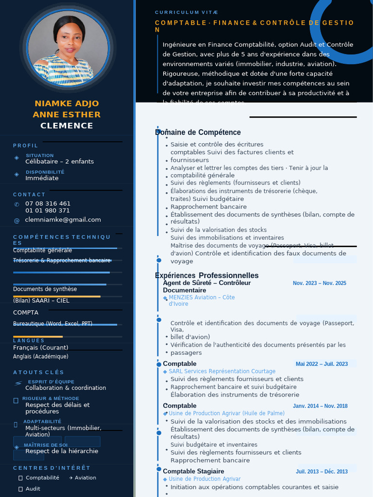 CV - Niamke Adjo Anne Esther Clemence | PDF | Comptabilité analytique ...