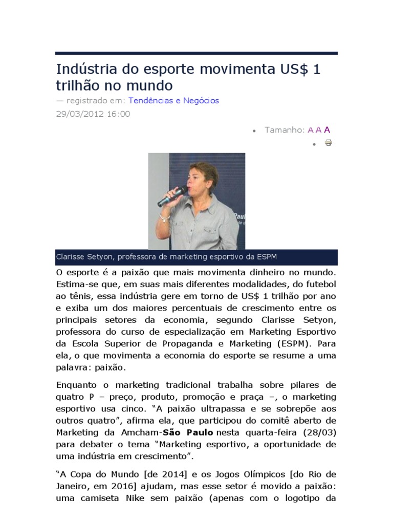Industria Do Esporte Movimenta Us 1 Trilhao No Mundo Pdf Jogos Olimpicos Brasil