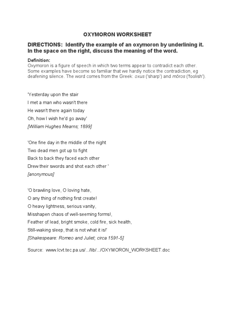 Oxymoron Worksheet Pdf