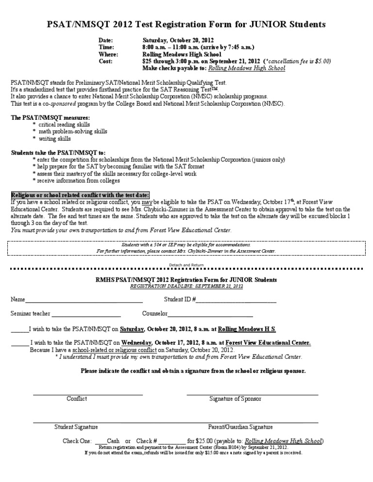PSAT Registration Form JUNIORS Psat/Nmsqt Sat