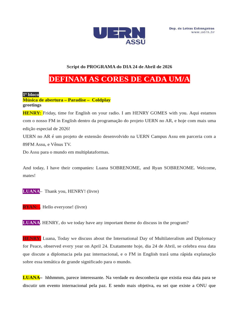 Script Programa 24 Abril | PDF | Organizações de alimentos e ...