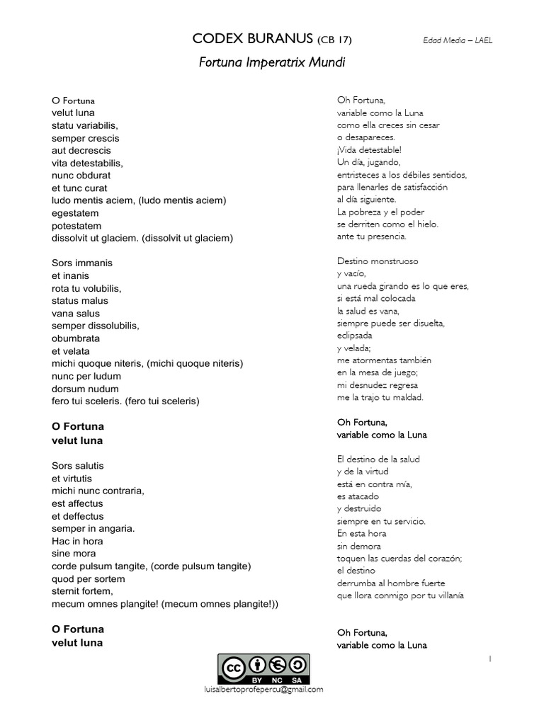 Codex Buranus - Oh Fortuna (Texto y Música) | PDF