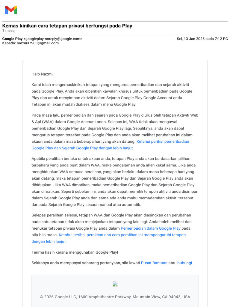 Gmail - Kemas Kinikan Cara Tetapan Privasi Berfungsi Pada Play | PDF