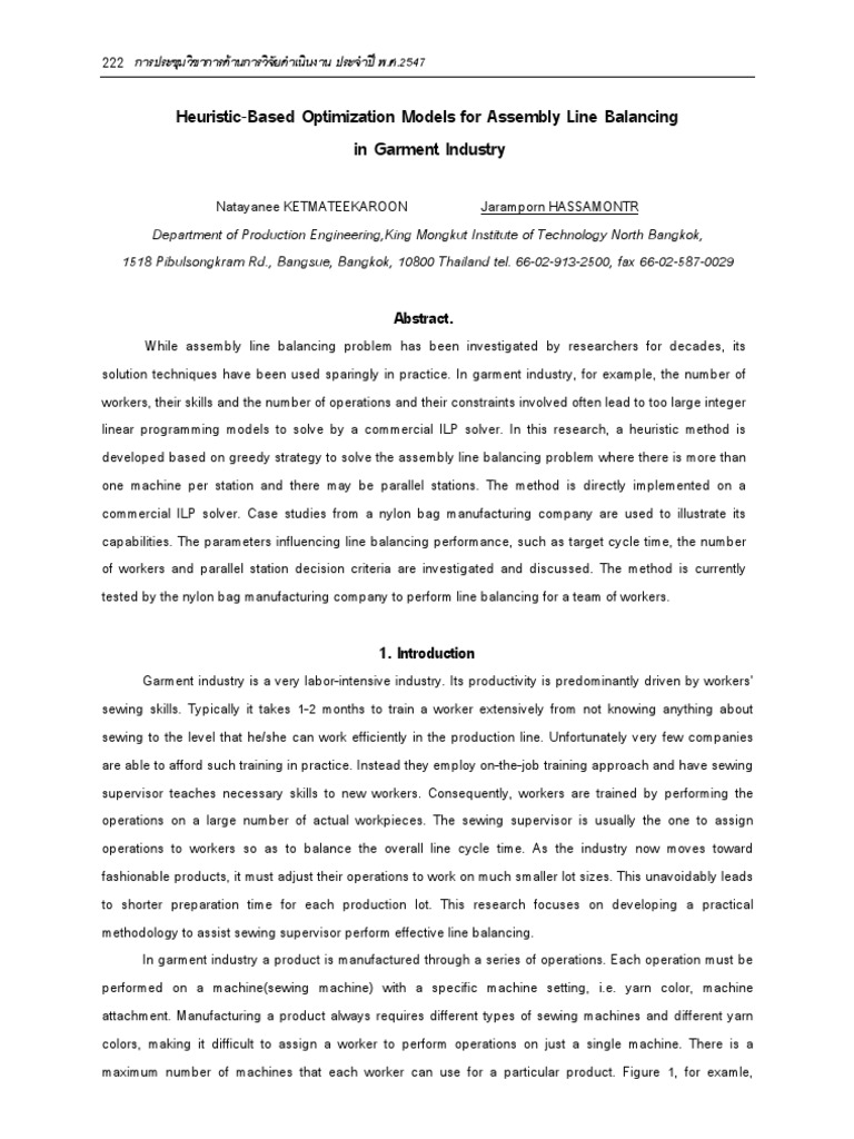 Heuristic-Based Optimization Models For Assembly Line Balancing in ...
