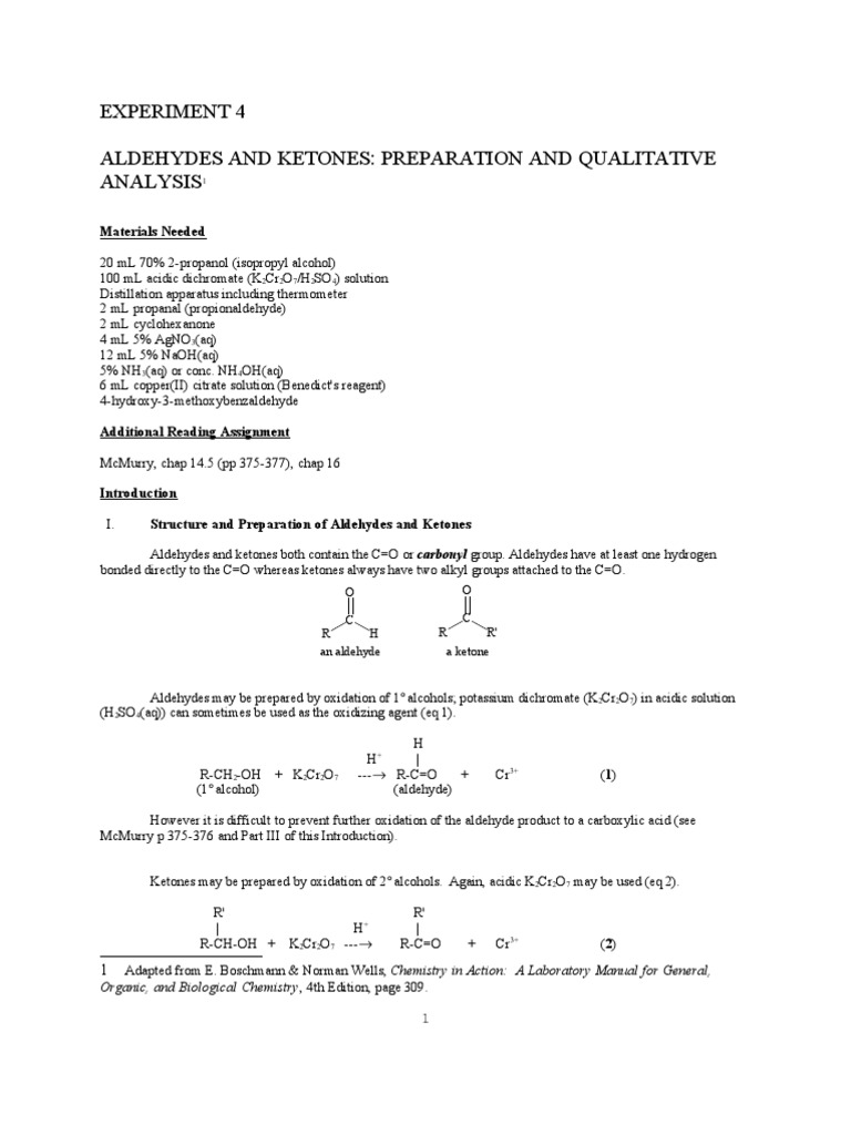 Analysis of Aldehydes and Ketones Preparation of Acetone via Oxidation