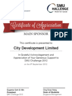 Ertificate of Ppreciation: City Development Limited