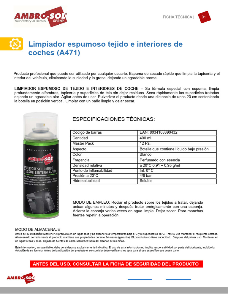 FT Limpiador Espumoso Tejido e Interiores Coches 400 Ml A471 | PDF