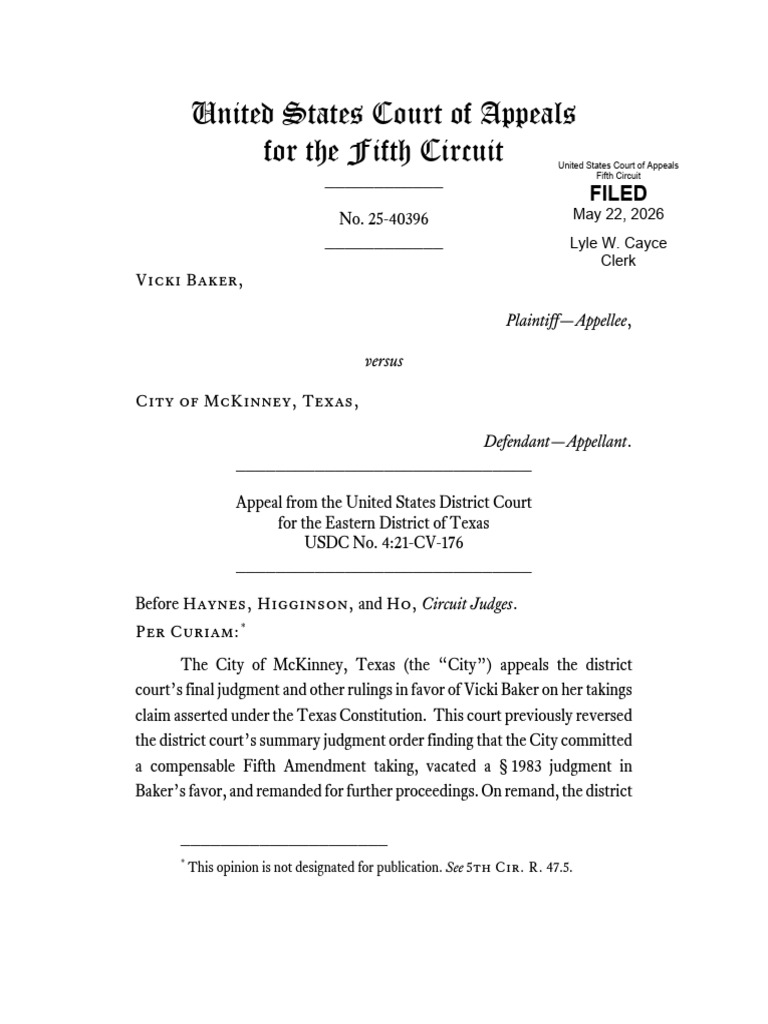 Baker v. City of McKinney, No. 25-40396 (5th Cir. May 22, 2026) (Per ...