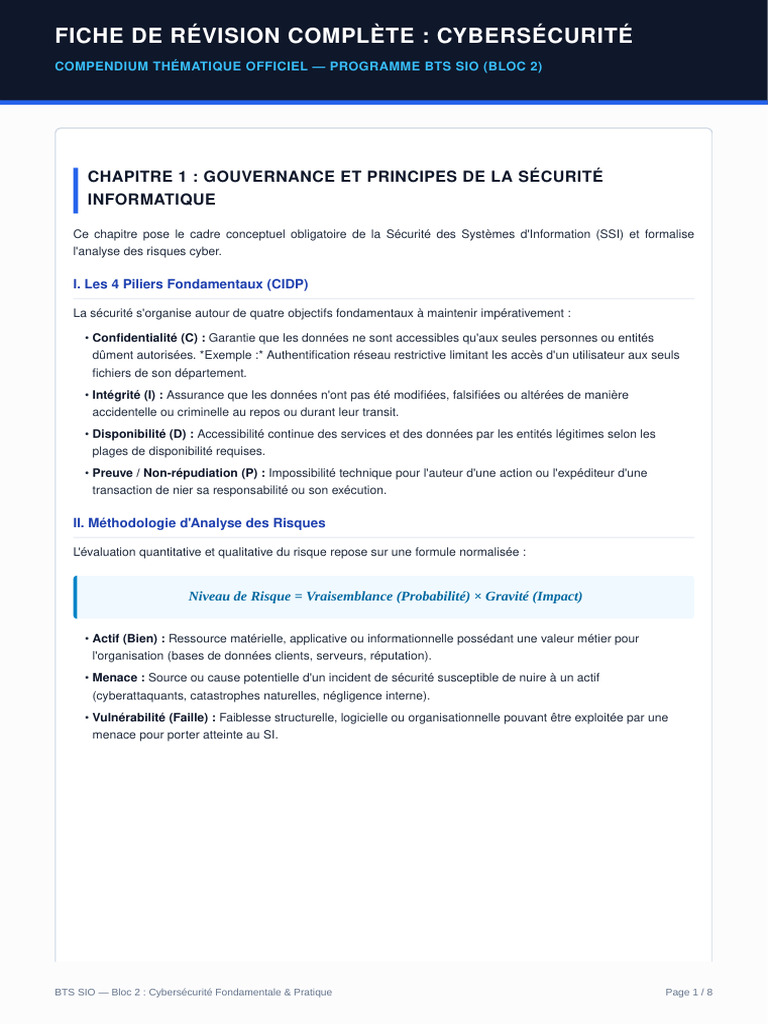 Fiche Revision Integrale Cybersecurite BTS SIO | PDF | Sécurité de la ...