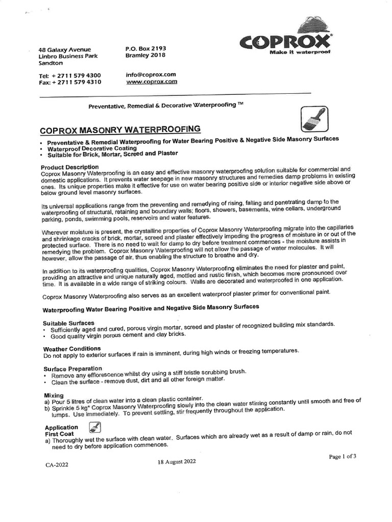 Coprox Waterproofing Data Sheet | PDF