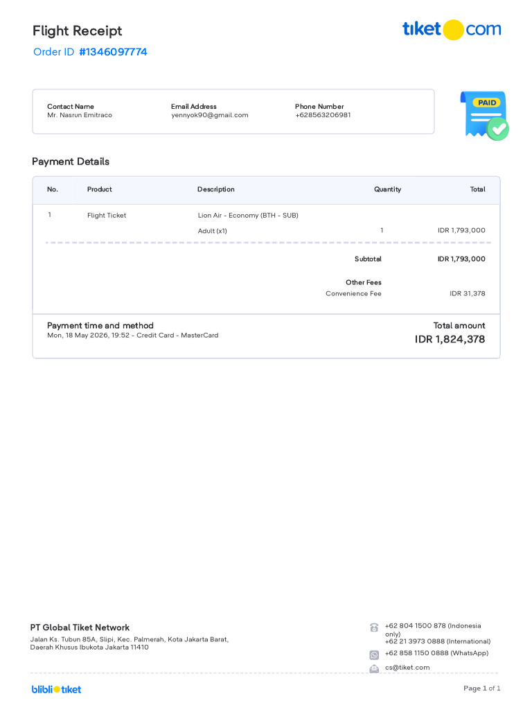 E Receipt Flight en 1346097774 | PDF