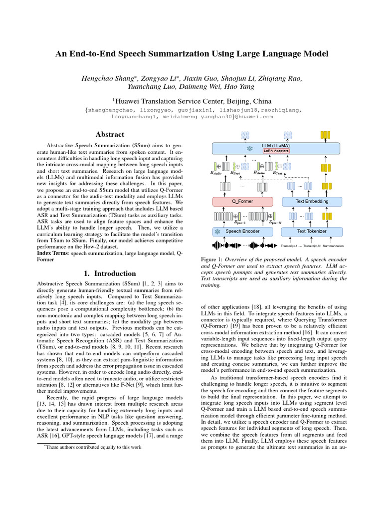 An End-To-End Speech Summarization Using Large Language Model | PDF ...