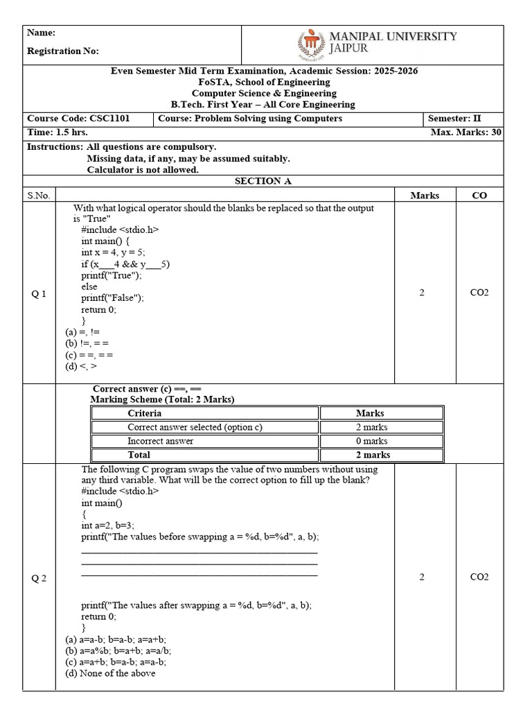 Psuc Mte Sem-II 2025-26 | PDF | Control Flow | Computer Programming
