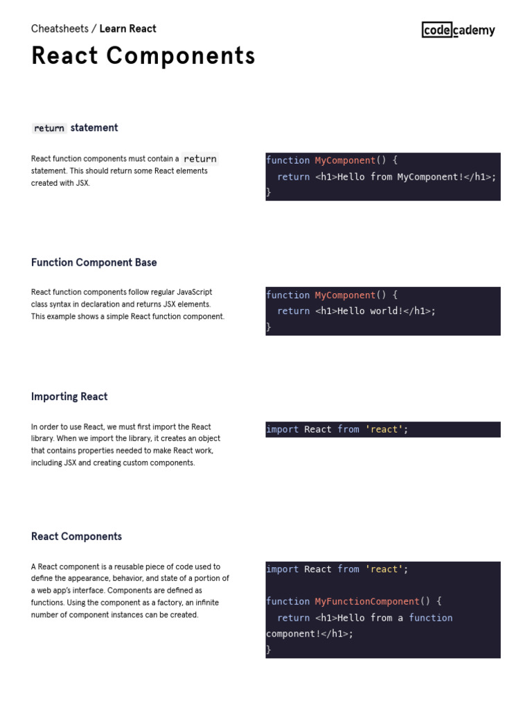 Learn React - React Components Cheatsheet - Codecademy | PDF | Object ...