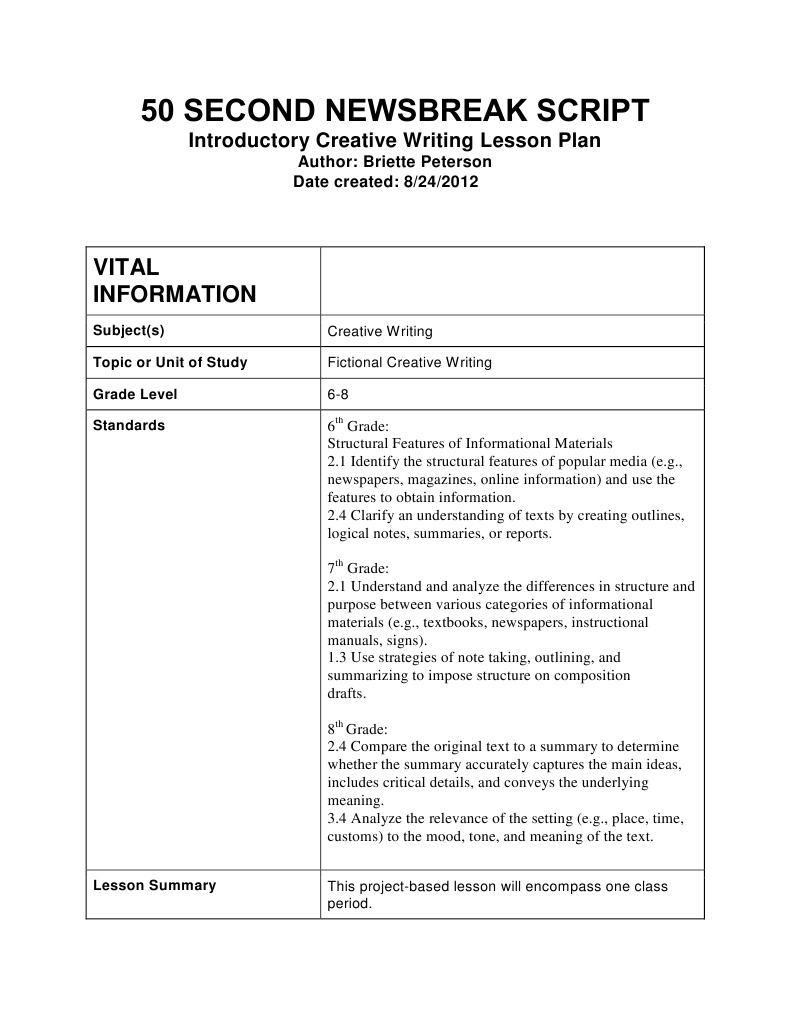 50 Second Newsbreak Script Creative Writing Lesson Plan Middle School ...
