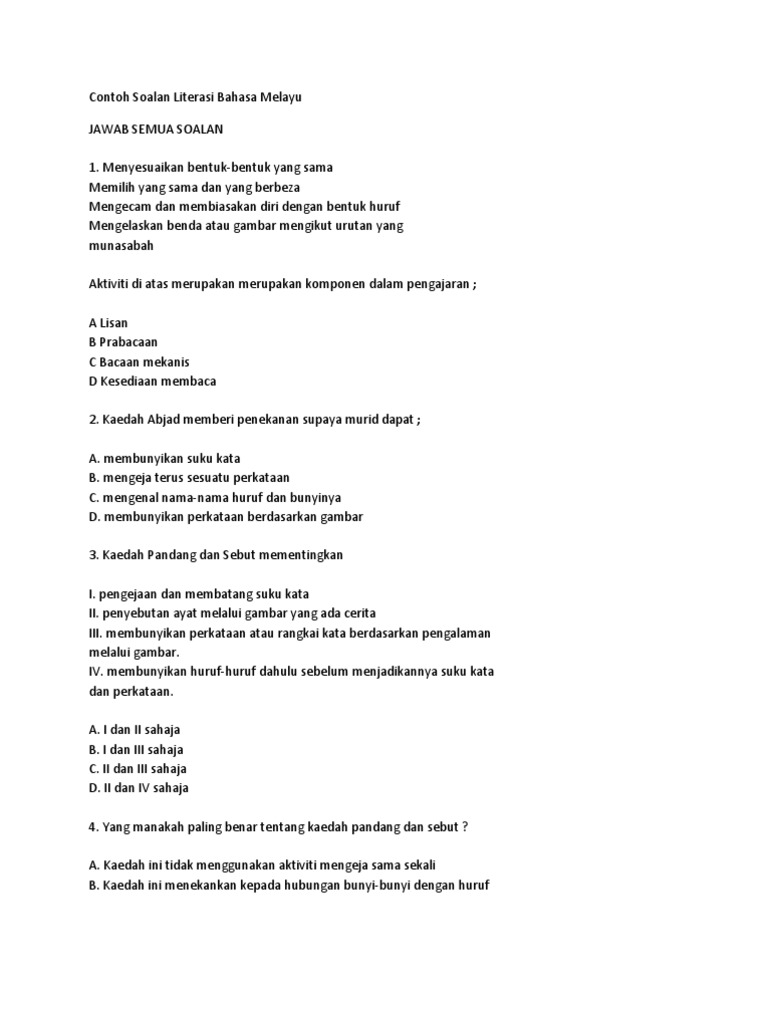Contoh Soalan Literasi Bahasa Melayu
