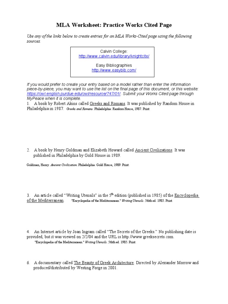 mla in text citation worksheet In Mla Citation Practice Worksheet