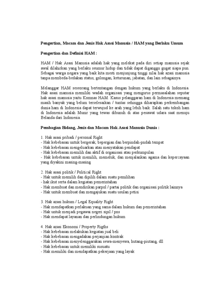 Pengertian Macam Dan Jenis Hak Asasi Manusia Ham Yang Berlaku Umum Pdf