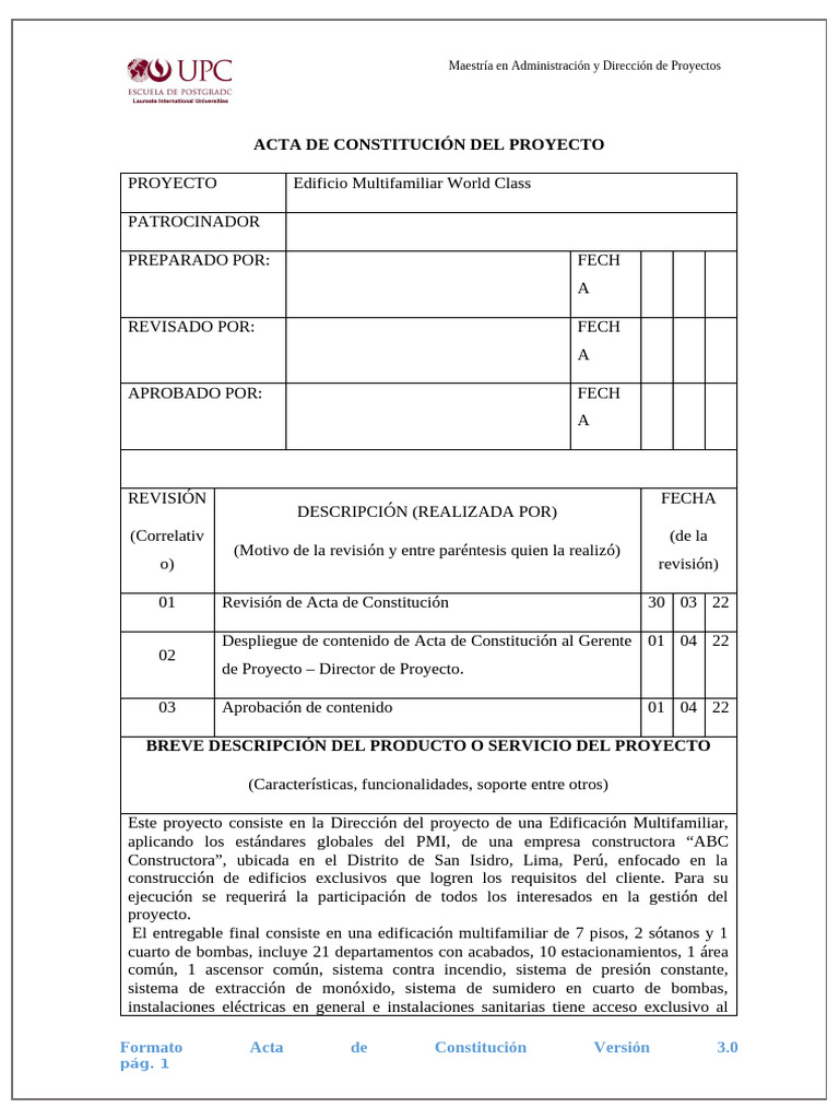 01 - Acta de Constitucion Del Proyecto V3 (Ejemplo) | PDF | Calidad ...