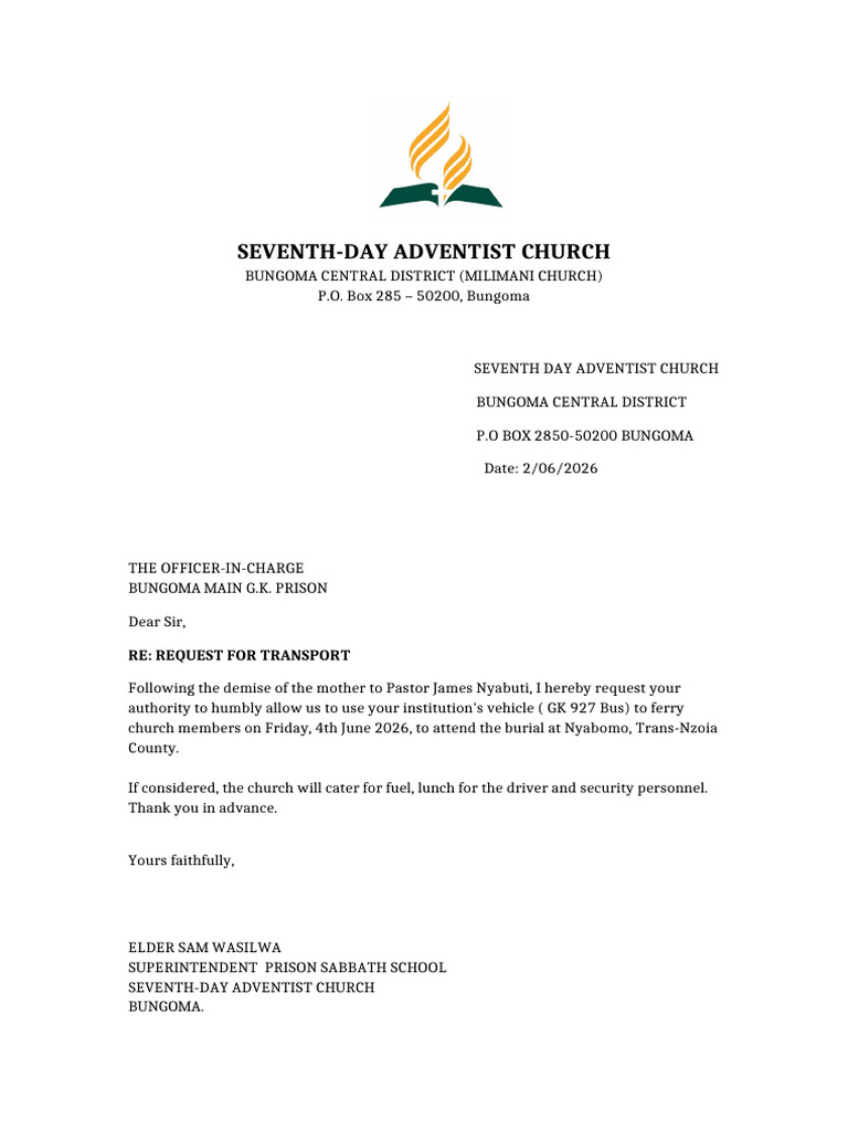 SDA Transport Request Letter-1 | PDF