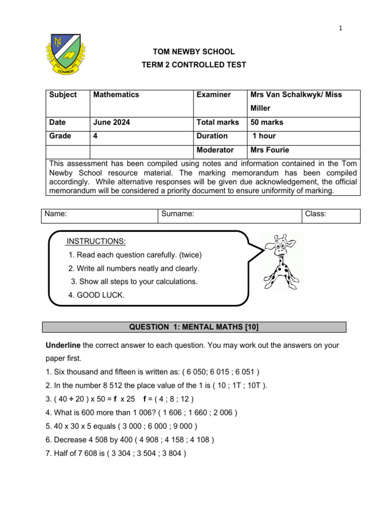 Grade 4 Maths Script June 2024 | PDF