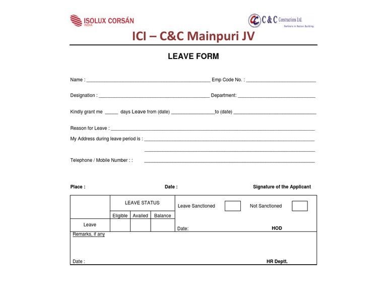 Leave Form - Ici-C&c Mainpuri JV | PDF | Finance & Money Management