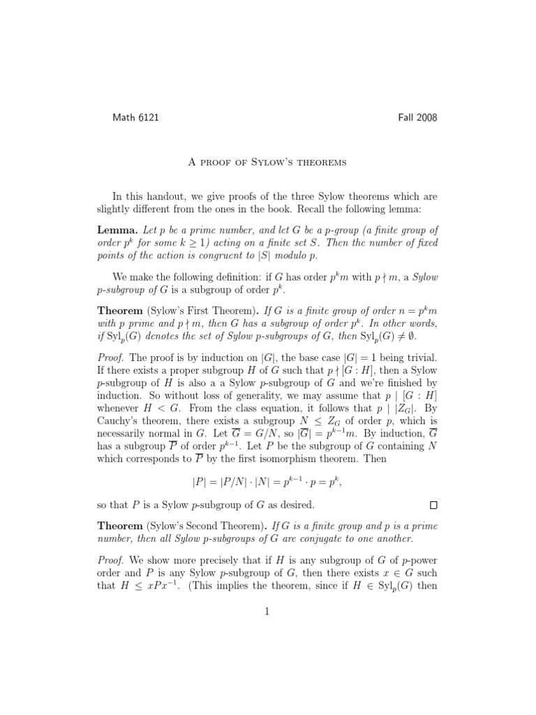 A proof of sylow theorem pdf group theory abstract algebra