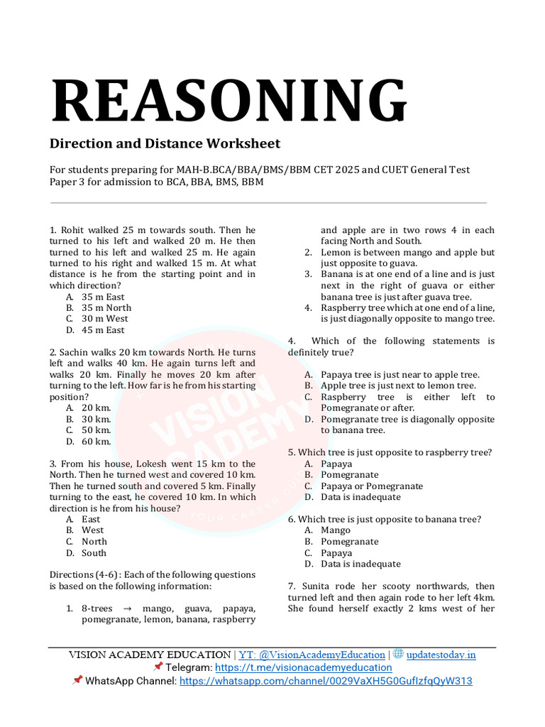 Day 1 Reasoning Direction and Distance Worksheet Vision Academy | PDF ...