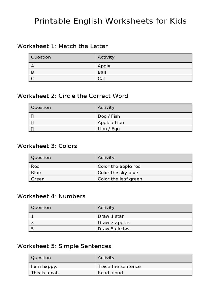 Printable English Worksheets For Kids | PDF