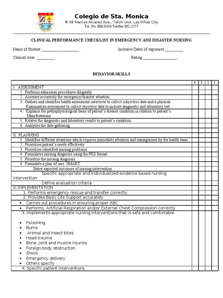 Emergency Nursing Clinical Checklist | PDF | Nursing | Medicine
