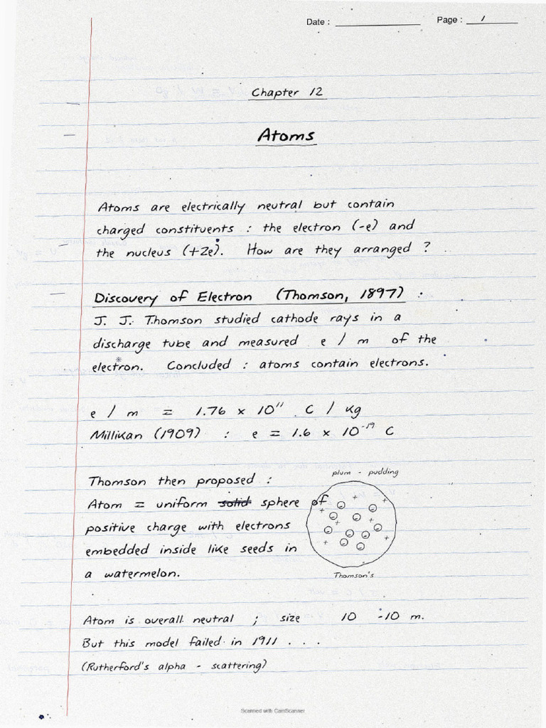 Ncert Class 12 Physics Chapter 12 Atoms Handwritten Notes 1779273187 | PDF