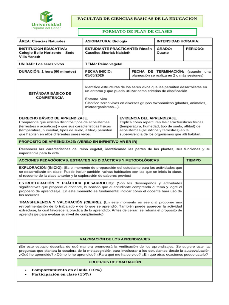 Guía Plan de Clases | PDF | Evaluación