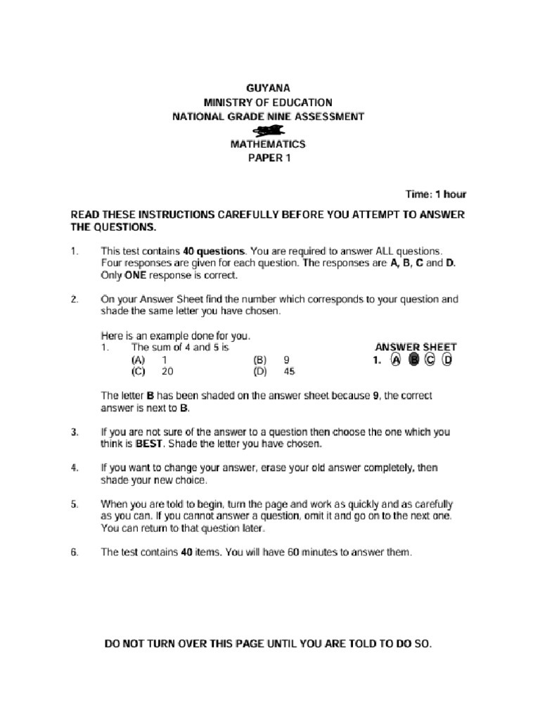 National Grade 9 Math - Examination | PDF