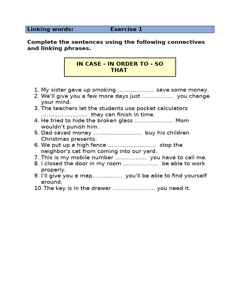 Linking Words - Exercise 1 | PDF