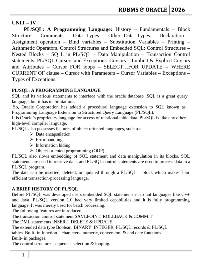 RDBMS - Unit Iv | PDF | Pl/Sql | Sql