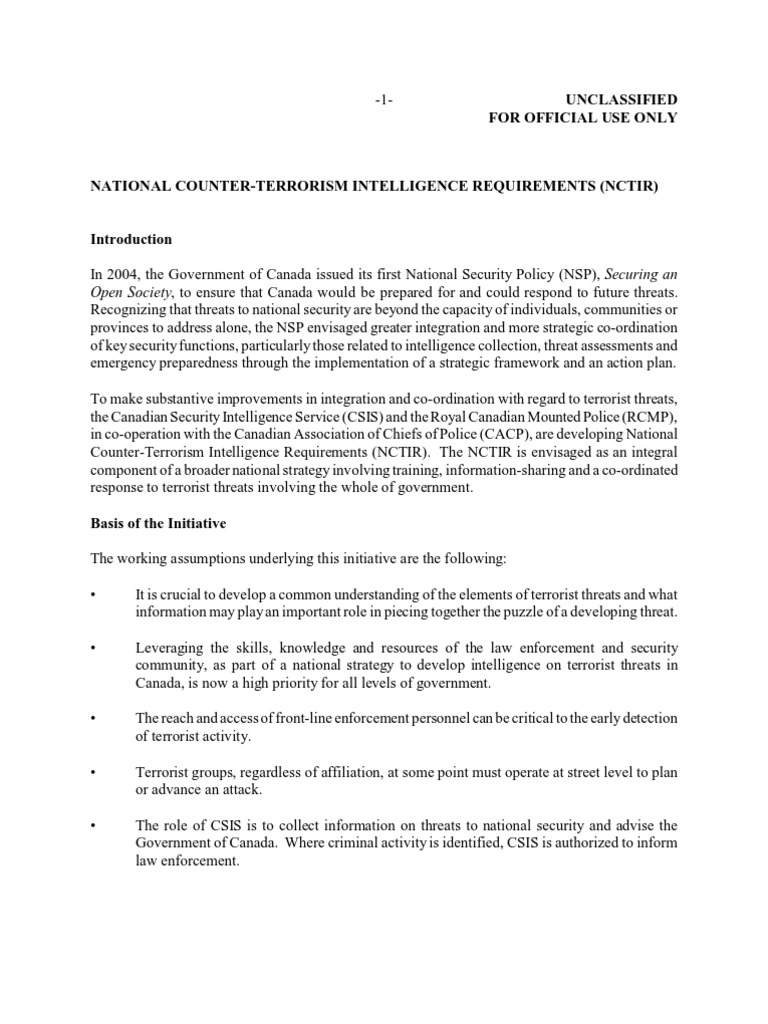 Canadian National Counterterrorism Intelligence Requirements | PDF ...