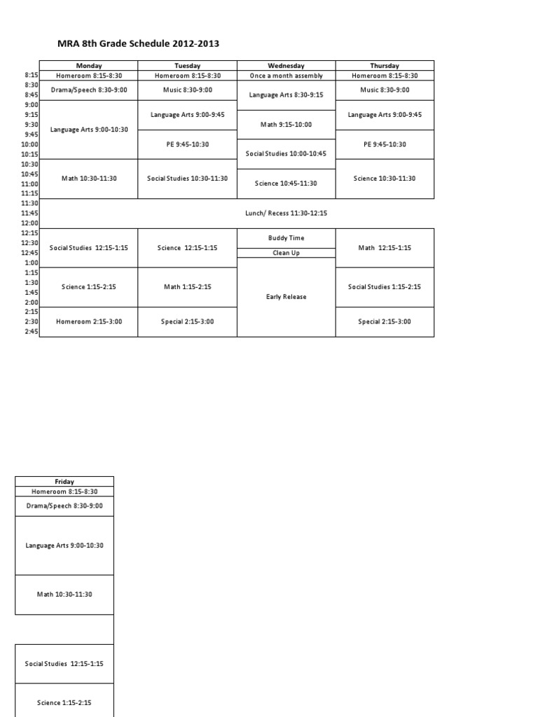 8th Grade Weekly Class Schedule | PDF