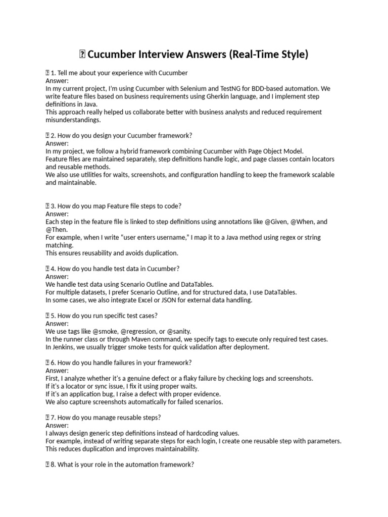 ? Cucumber Interview Answers (Real-Time Style) | PDF | Debugging ...