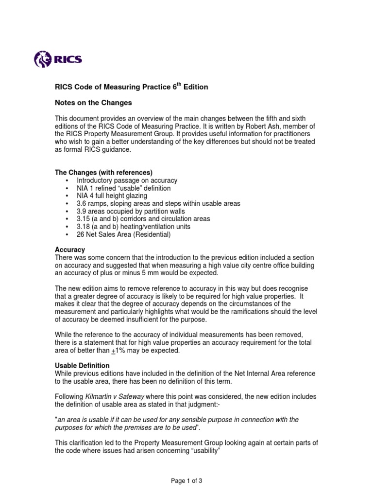 RICS Code of Measuring Practice 6 Edition Notes On The Changes | PDF ...