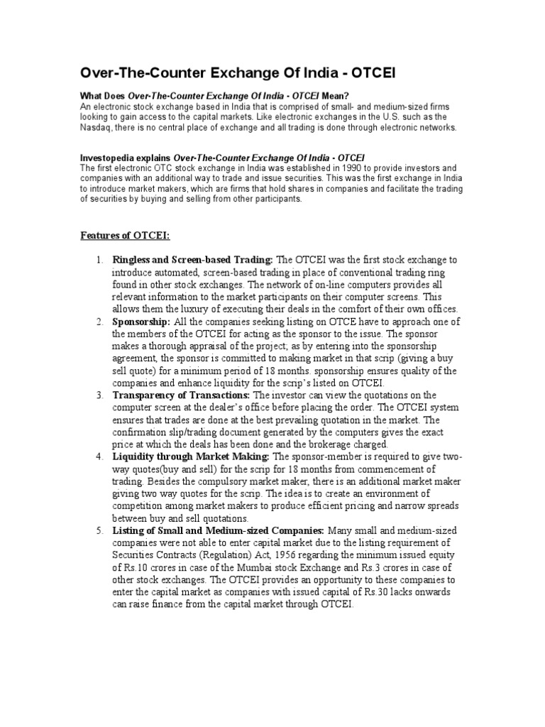 Over-The-Counter Exchange of India - OTCEI | PDF | Over The Counter  (Finance) | Market Maker