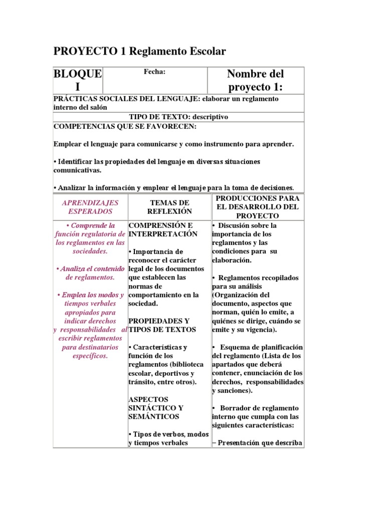 PROYECTO 1 Reglamento Escolar 1º