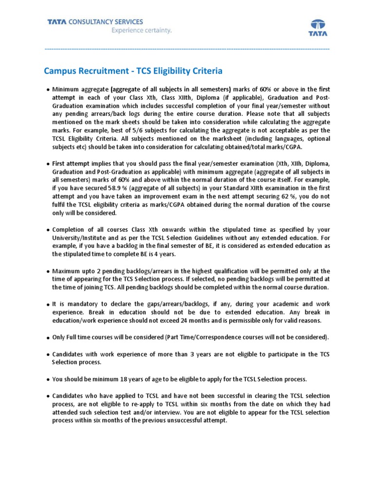 TCS Eligibility Criteria PDF Academic Term Test (Assessment)