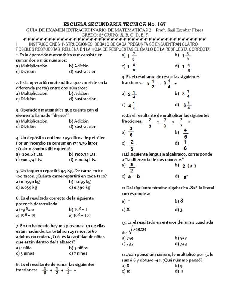 Guia de Examen Extraordinario Matematicas 2 | PDF | Sustracción ...