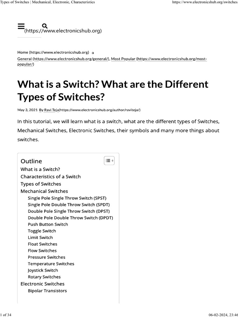 Types of Switches - Mechanical, Electronic, Characteristics | PDF ...