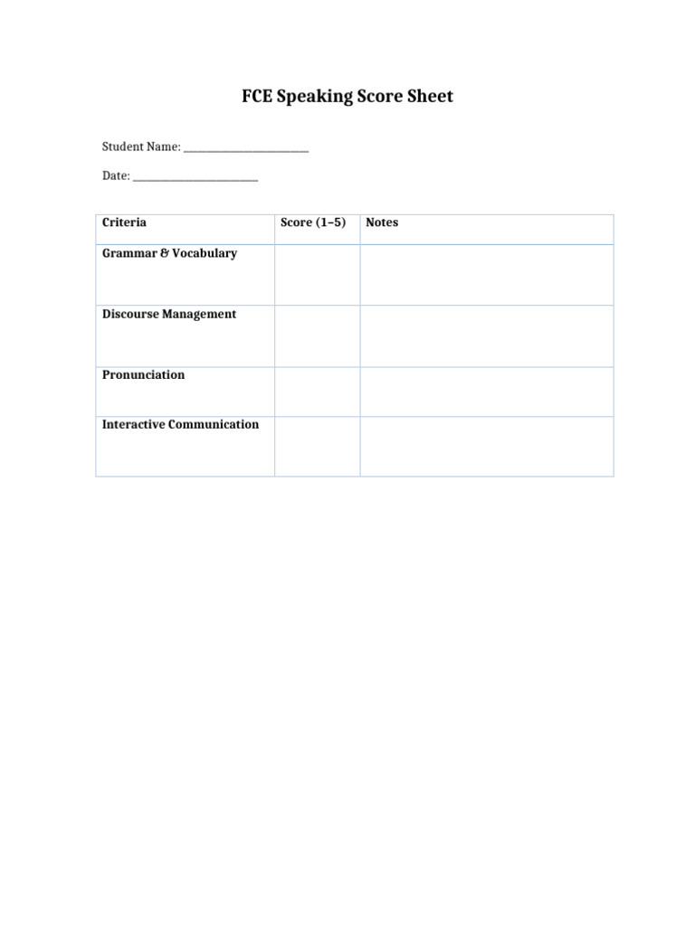 FCE Simple Speaking Score Sheet | PDF