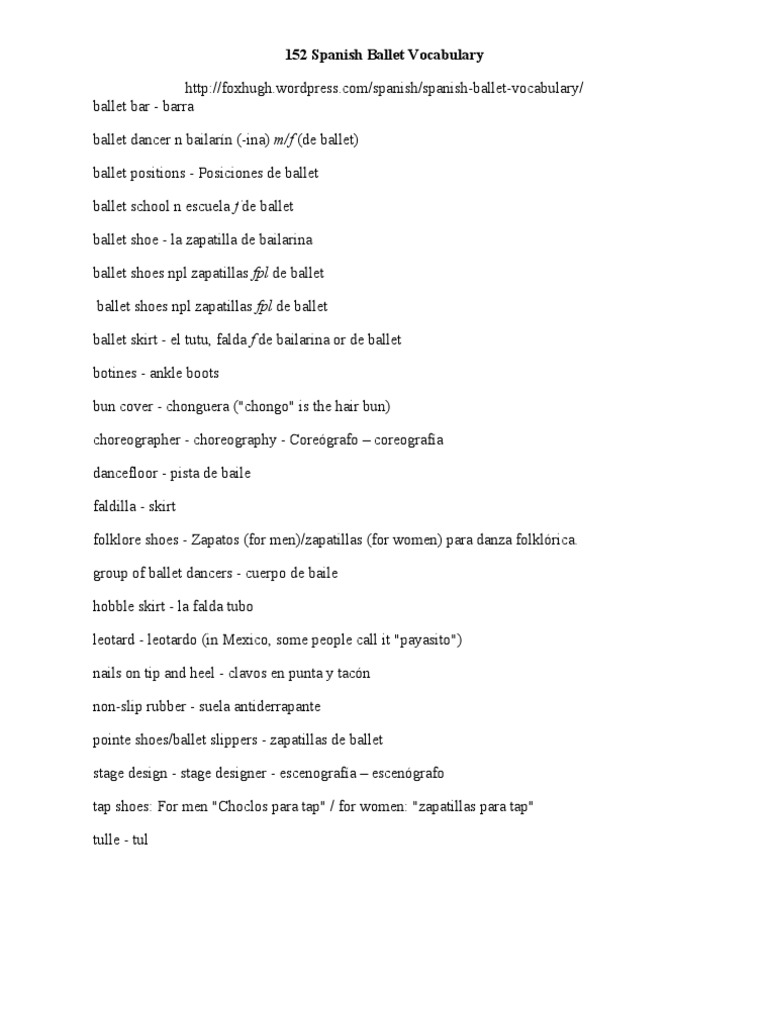Spanish Ballet Vocabulary Guide | PDF | Art