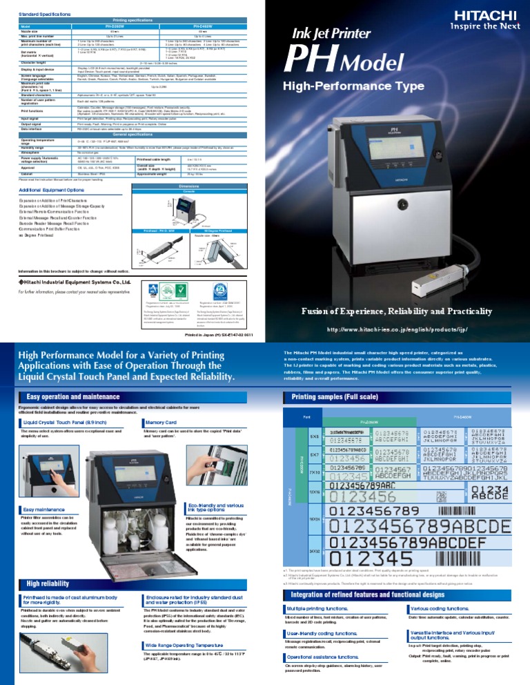 Hitachi PH Series Industrial Continuous Inkjet Printers Literature