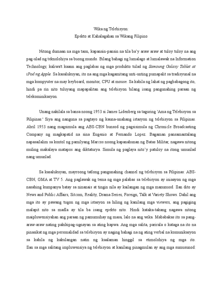 Wika Ng Telebisyon Epekto At Kahalagahan Sa Wikang Filipino