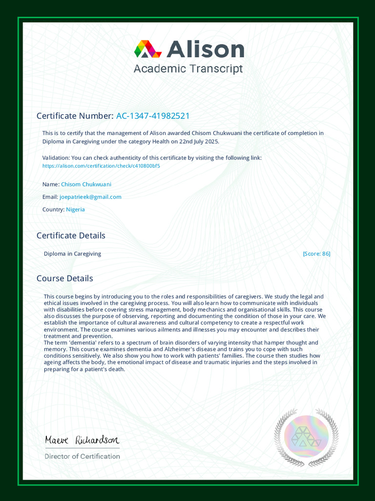 Alison Certificate Transcript Diploma in Caregiving | PDF